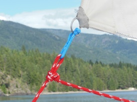 Jib sheet attached by an alpine butterfly knot and a soft shackle